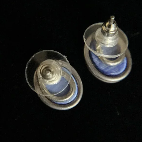 Vintage Modernist Sterling Silver Blue Cat's Eye Stud Earrings Oval Cabochon - Picture 5 of 10